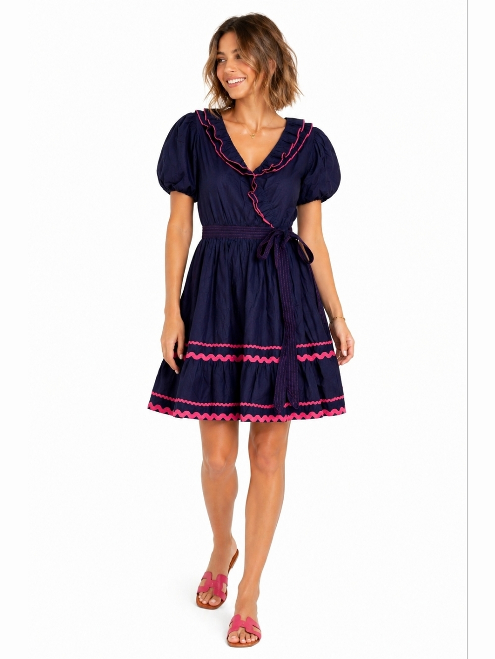 Vintage Lilbelle Boho Puff Sleeve Navy and Pink Midi Dress Size Small